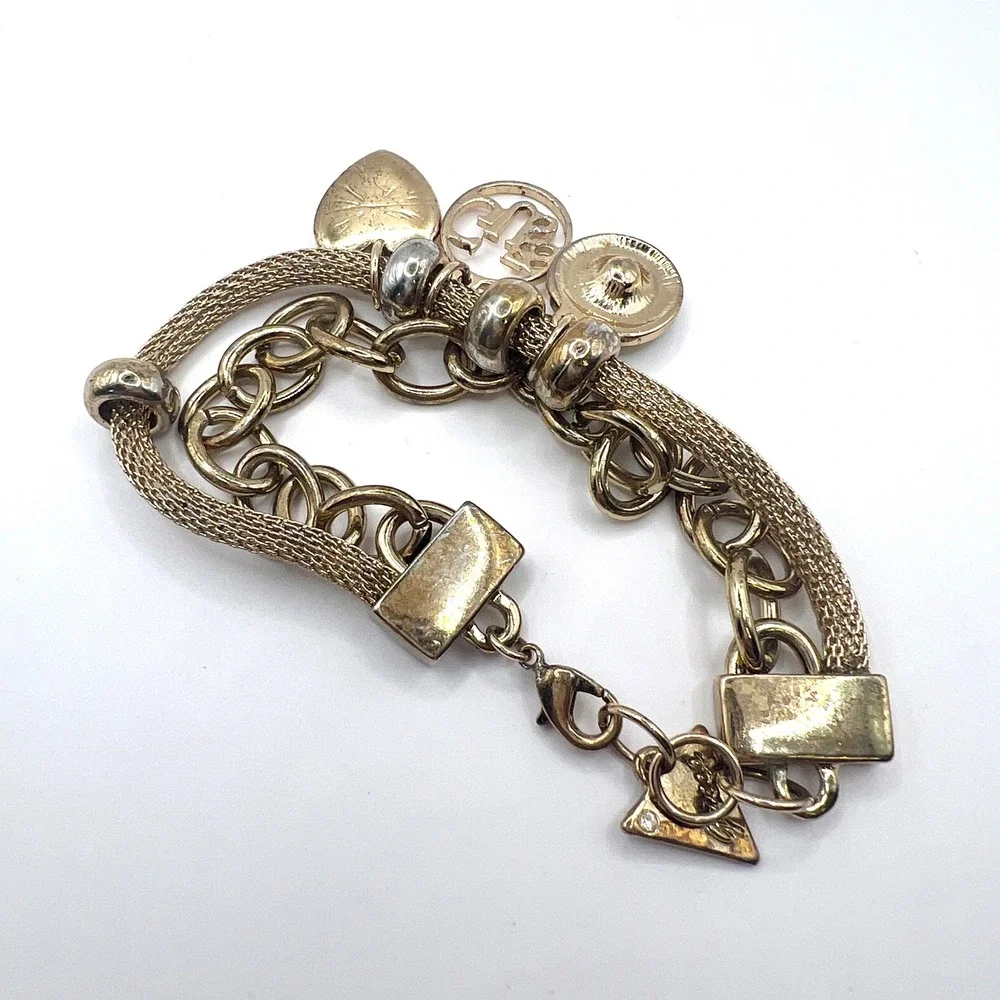 GUESS Gold Tone Charm Bracelet Rhinestone Heart Logo Multi Strand Y2K 7
